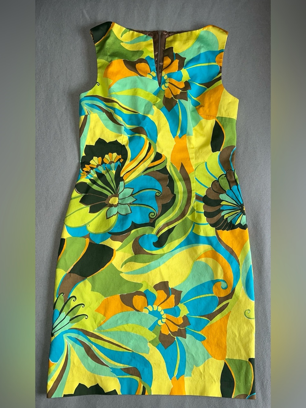 David Meister Sleeveless Floral Midi Dress in Aqua, Lime, Yellow & Brown